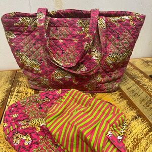 Pink Leopard Print Quilted weekend travel Tote Bag set of 3 printfresh bagheera